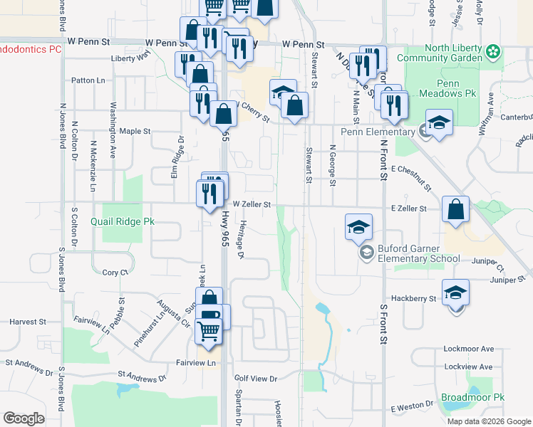 map of restaurants, bars, coffee shops, grocery stores, and more near 410 West Zeller Street in North Liberty
