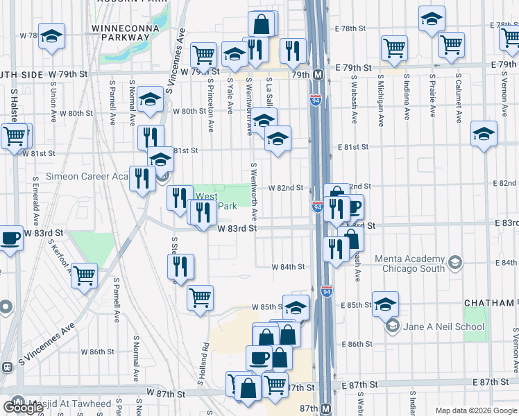 map of restaurants, bars, coffee shops, grocery stores, and more near 8210 South La Salle Street in Chicago