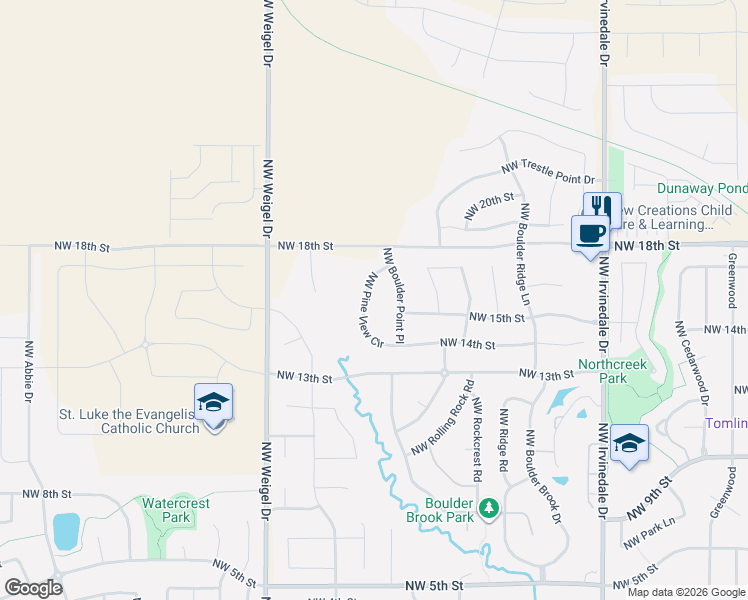 map of restaurants, bars, coffee shops, grocery stores, and more near 1616 Northwest Pine View Circle in Ankeny