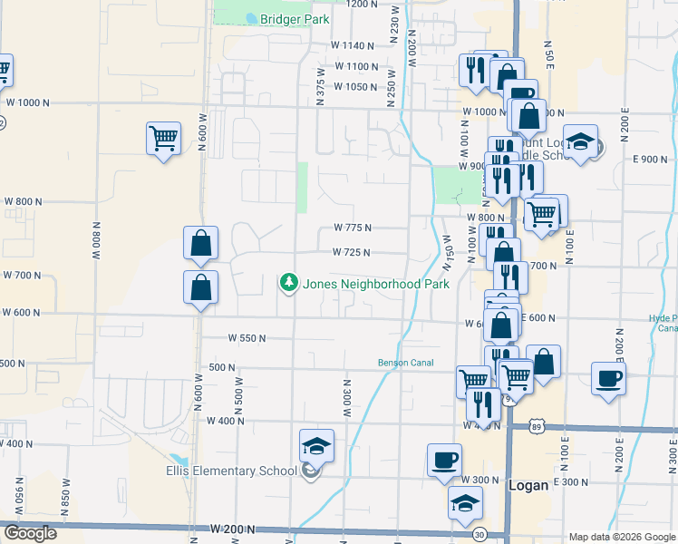 map of restaurants, bars, coffee shops, grocery stores, and more near 345 West 690 North in Logan
