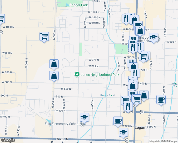 map of restaurants, bars, coffee shops, grocery stores, and more near 355 West 690 North in Logan