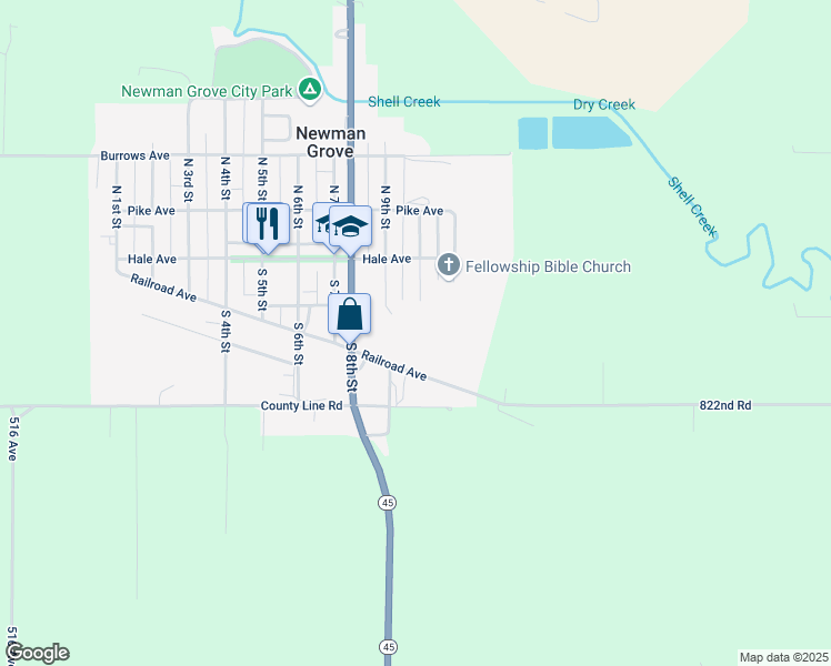 map of restaurants, bars, coffee shops, grocery stores, and more near 199 South 10th Street in Newman Grove