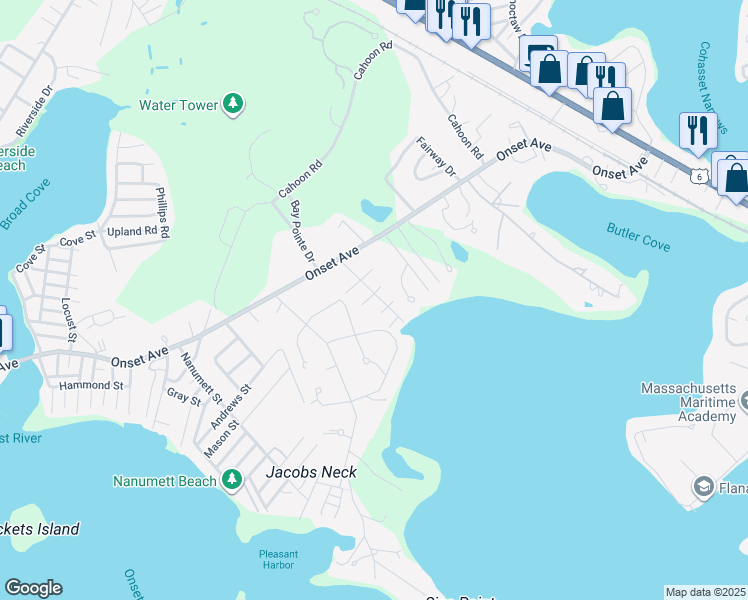 map of restaurants, bars, coffee shops, grocery stores, and more near 1 Stone Drive in Wareham