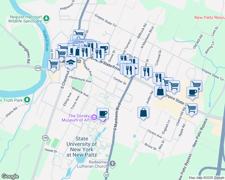 map of restaurants, bars, coffee shops, grocery stores, and more near 7 Ridge Road in New Paltz