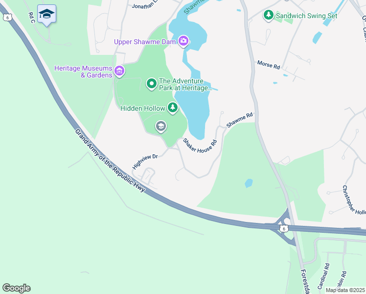 map of restaurants, bars, coffee shops, grocery stores, and more near 2 Shaker House Road in Sandwich