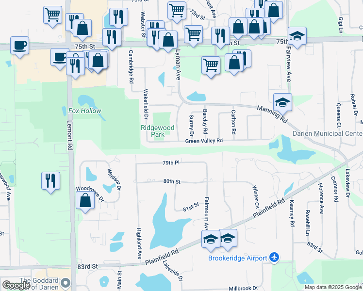 map of restaurants, bars, coffee shops, grocery stores, and more near 2330 Green Valley Road in Darien