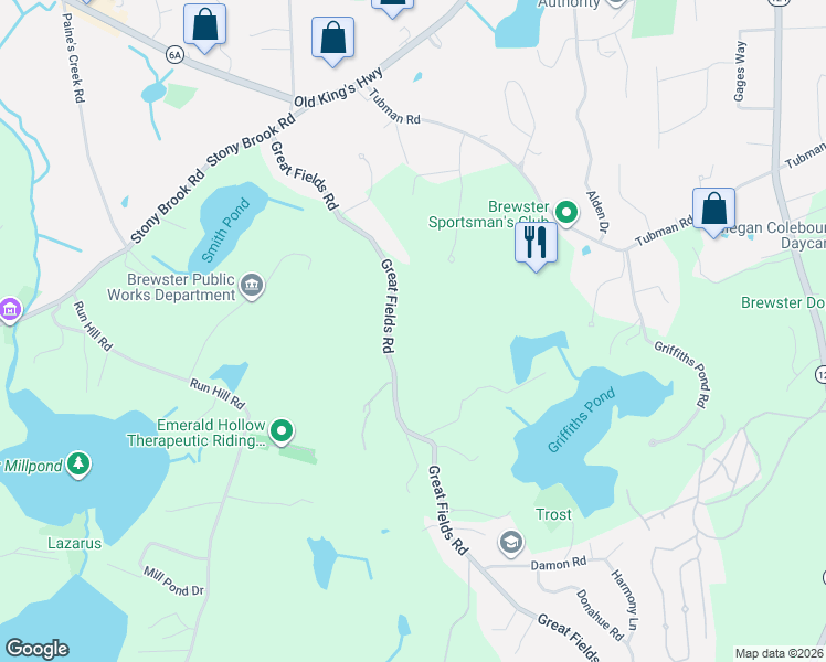 map of restaurants, bars, coffee shops, grocery stores, and more near 255 Great Fields Road in Brewster