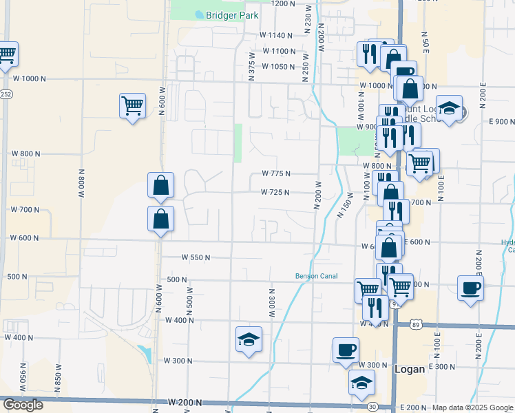 map of restaurants, bars, coffee shops, grocery stores, and more near 365 West 690 North in Logan