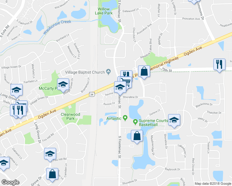 map of restaurants, bars, coffee shops, grocery stores, and more near 3342 Ravinia Circle in Aurora