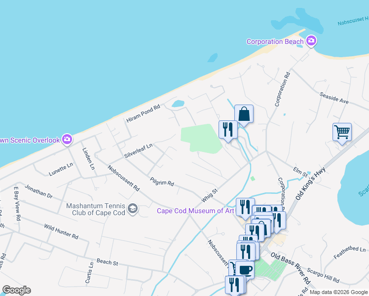 map of restaurants, bars, coffee shops, grocery stores, and more near 81 Frank Tobey Road in Dennis