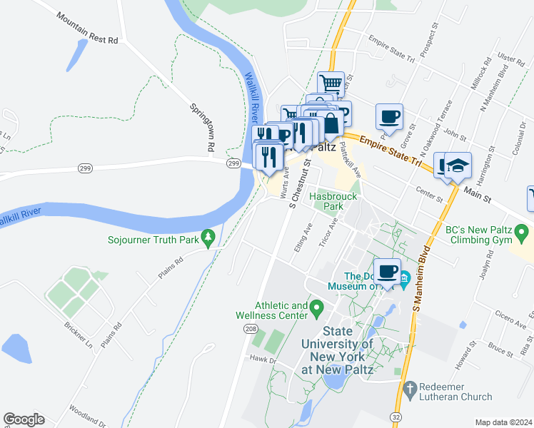map of restaurants, bars, coffee shops, grocery stores, and more near 2 Mohonk Avenue in New Paltz