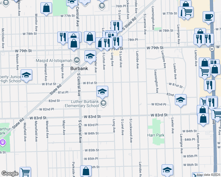 map of restaurants, bars, coffee shops, grocery stores, and more near 8100 Long Avenue in Burbank