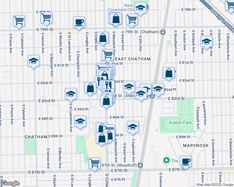 map of restaurants, bars, coffee shops, grocery stores, and more near 8241 South Maryland Avenue in Chicago