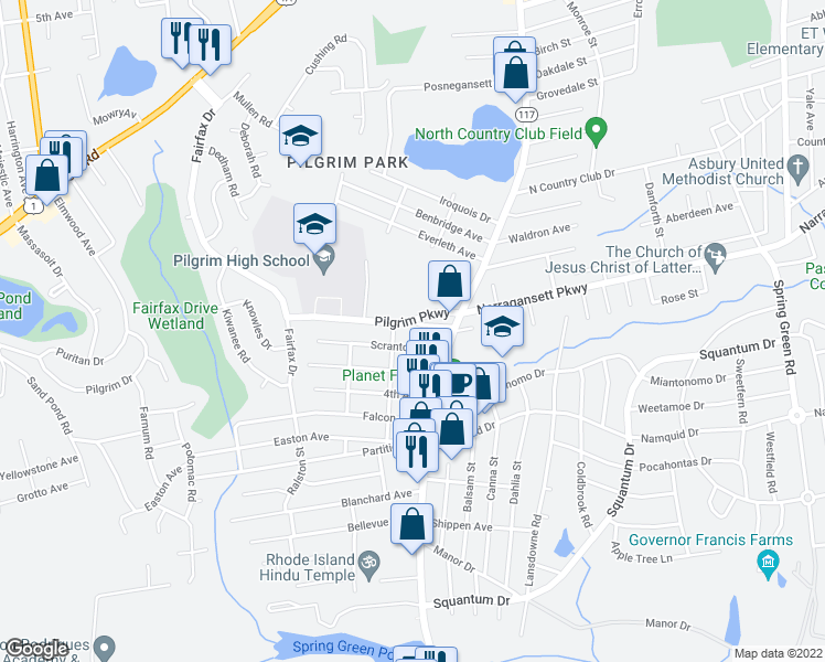 map of restaurants, bars, coffee shops, grocery stores, and more near 40 Fowler Avenue in Warwick