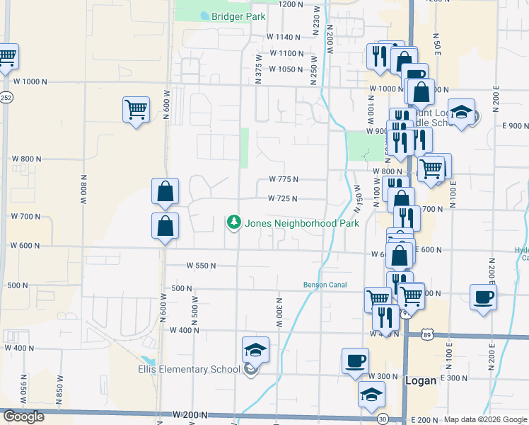 map of restaurants, bars, coffee shops, grocery stores, and more near 340 West 725 North in Logan