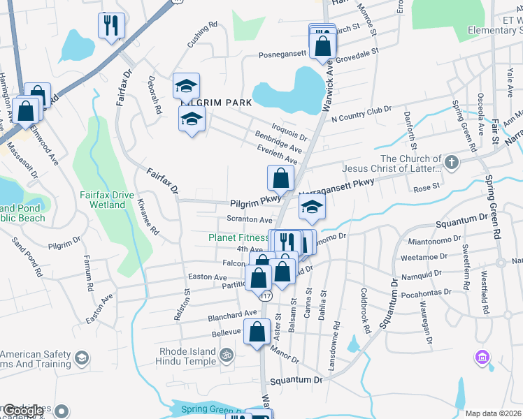 map of restaurants, bars, coffee shops, grocery stores, and more near 7 Fowler Avenue in Warwick