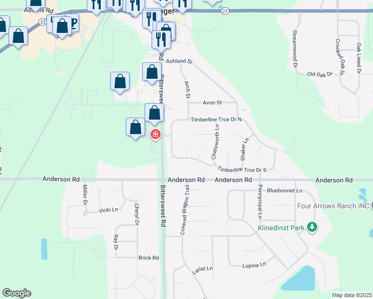 map of restaurants, bars, coffee shops, grocery stores, and more near 51601 Fox Hollow Court in Granger