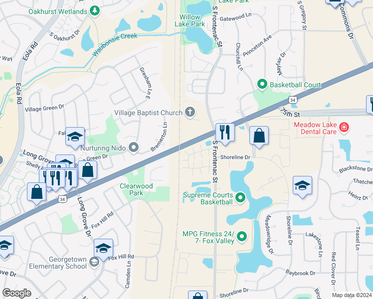 map of restaurants, bars, coffee shops, grocery stores, and more near 3397 Ravinia Circle in Aurora