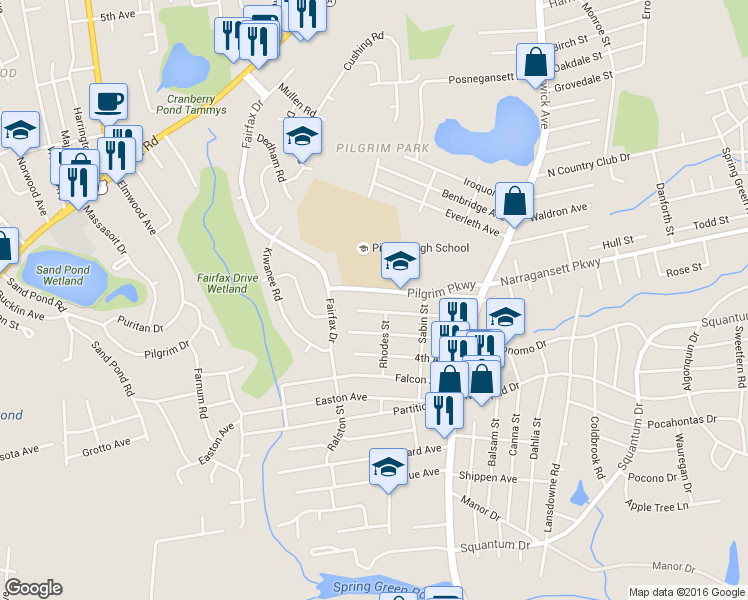 map of restaurants, bars, coffee shops, grocery stores, and more near 140 Pilgrim Parkway in Warwick