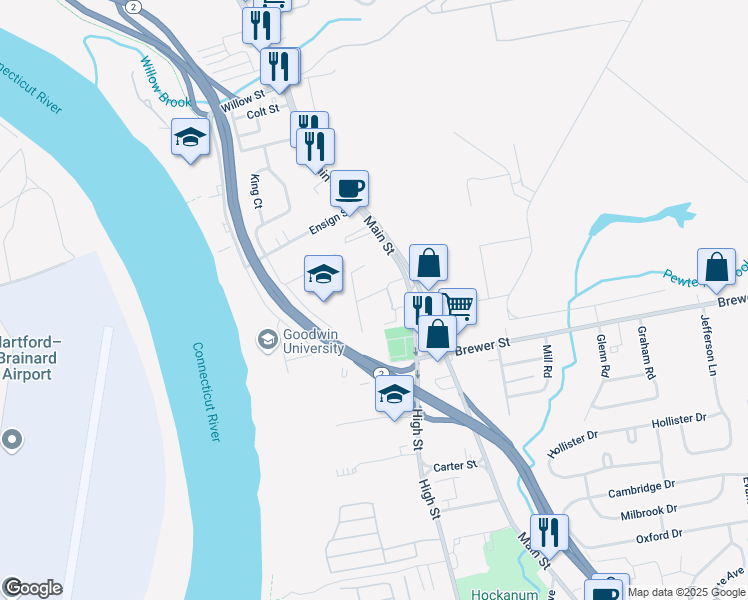 map of restaurants, bars, coffee shops, grocery stores, and more near 31 High Street in East Hartford