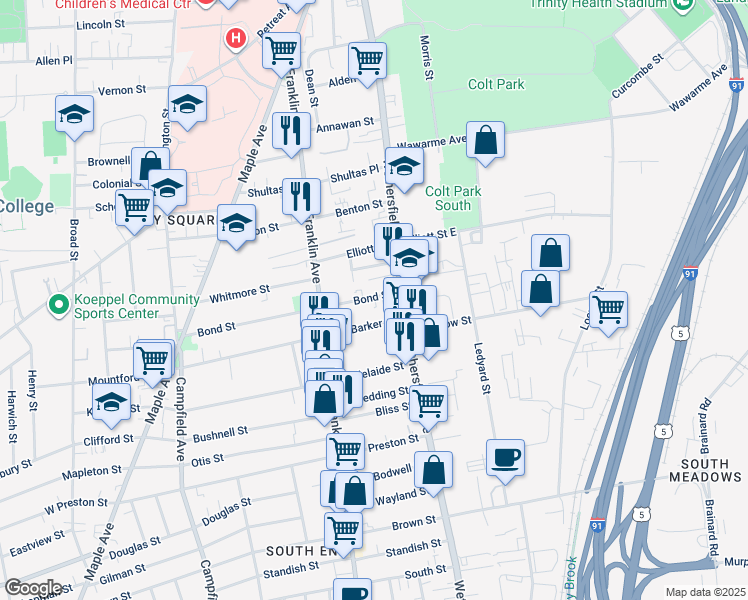map of restaurants, bars, coffee shops, grocery stores, and more near 36 Bond Street in Hartford