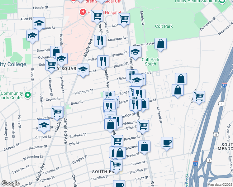 map of restaurants, bars, coffee shops, grocery stores, and more near 36 Bond Street in Hartford