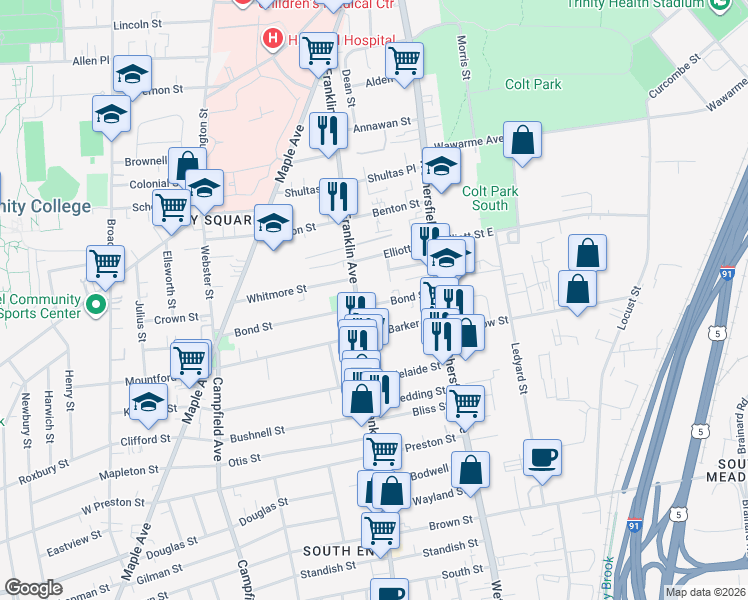 map of restaurants, bars, coffee shops, grocery stores, and more near 218 Franklin Avenue in Hartford