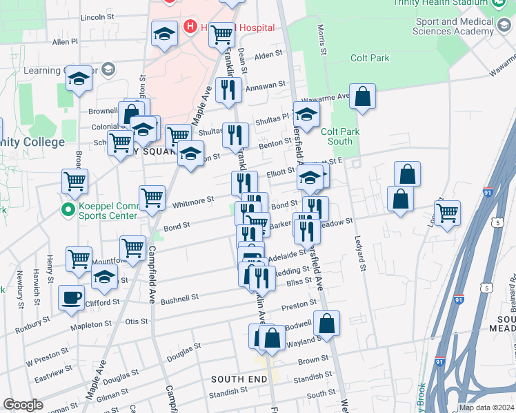 map of restaurants, bars, coffee shops, grocery stores, and more near 218 Franklin Avenue in Hartford