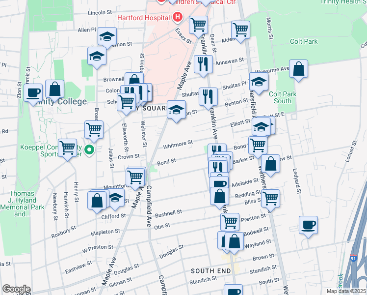 map of restaurants, bars, coffee shops, grocery stores, and more near 56 Whitmore Street in Hartford