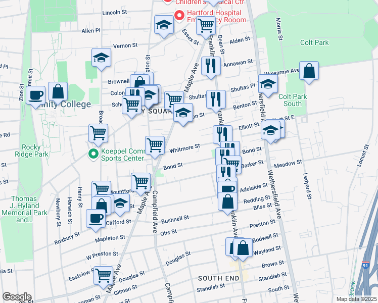 map of restaurants, bars, coffee shops, grocery stores, and more near 56 Whitmore Street in Hartford