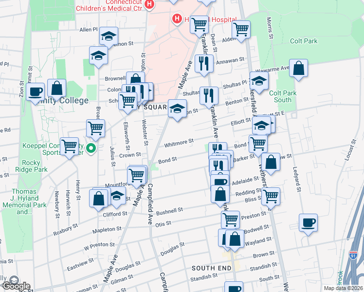 map of restaurants, bars, coffee shops, grocery stores, and more near 56 Whitmore Street in Hartford
