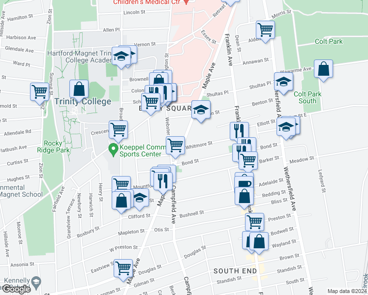 map of restaurants, bars, coffee shops, grocery stores, and more near 88 Whitmore Street in Hartford