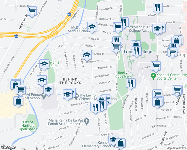 map of restaurants, bars, coffee shops, grocery stores, and more near 95 Allendale Road in Hartford