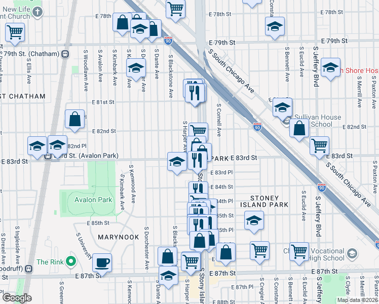 map of restaurants, bars, coffee shops, grocery stores, and more near 8233 South Harper Avenue in Chicago