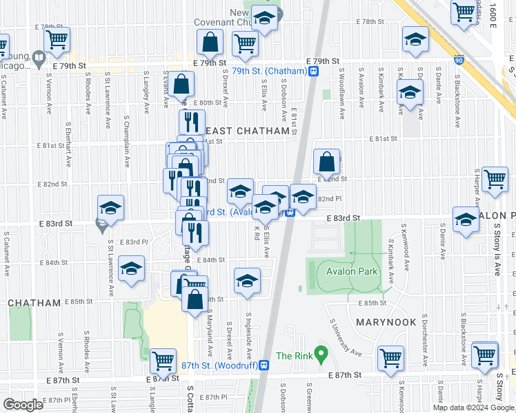 map of restaurants, bars, coffee shops, grocery stores, and more near 8229 South Ellis Avenue in Chicago