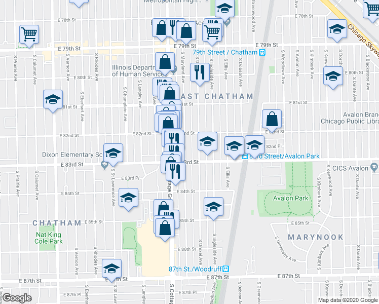 map of restaurants, bars, coffee shops, grocery stores, and more near 8226 South Drexel Avenue in Chicago