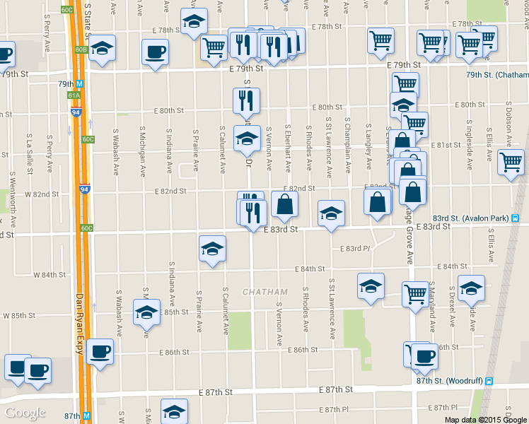 map of restaurants, bars, coffee shops, grocery stores, and more near 8223 South Vernon Avenue in Chicago
