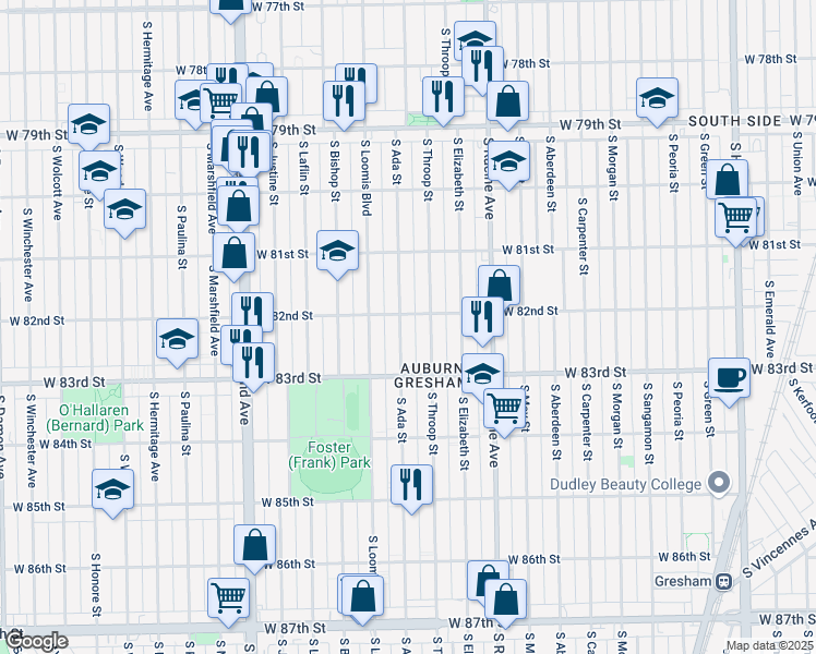 map of restaurants, bars, coffee shops, grocery stores, and more near 1322 West 82nd Street in Chicago