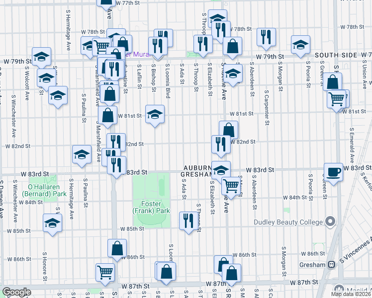 map of restaurants, bars, coffee shops, grocery stores, and more near 1322 West 82nd Street in Chicago
