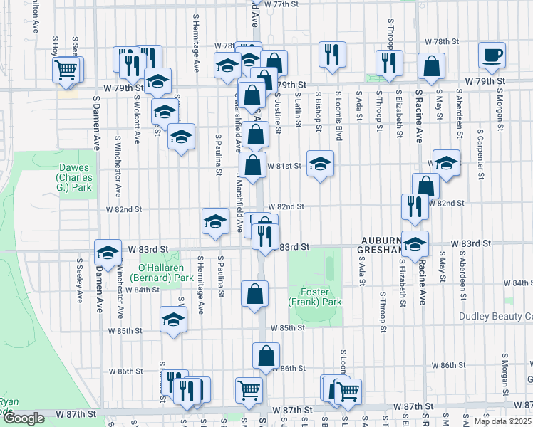 map of restaurants, bars, coffee shops, grocery stores, and more near 8157 South Ashland Avenue in Chicago