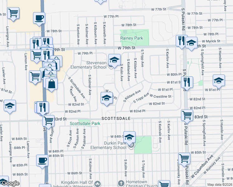 map of restaurants, bars, coffee shops, grocery stores, and more near 4440 West 81st Place in Chicago