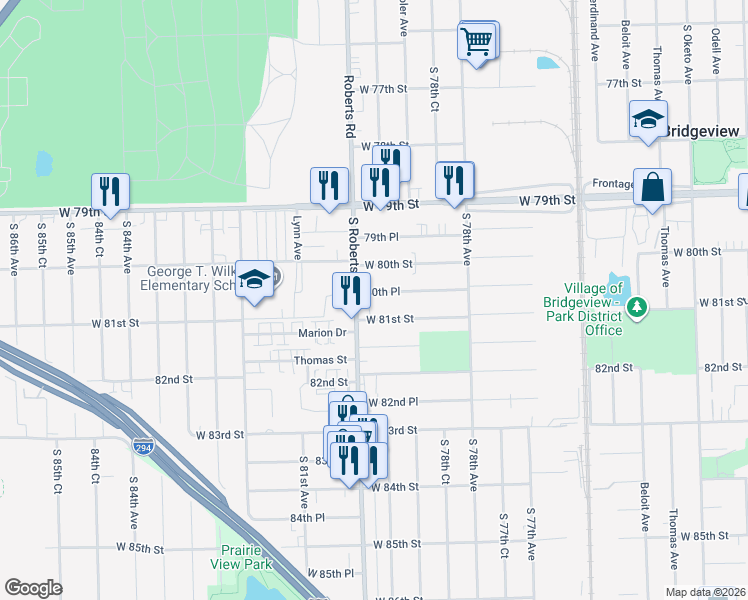map of restaurants, bars, coffee shops, grocery stores, and more near 7924 80th Place in Bridgeview
