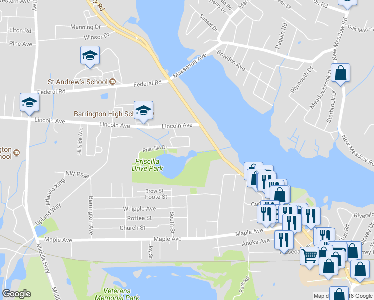 map of restaurants, bars, coffee shops, grocery stores, and more near 18 Tiffany Circle in Barrington
