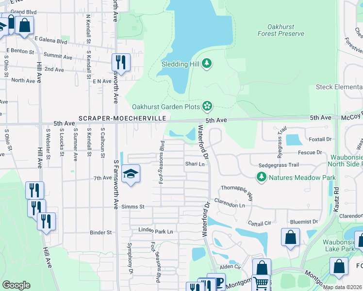 map of restaurants, bars, coffee shops, grocery stores, and more near 611 Serendipity Drive in Aurora