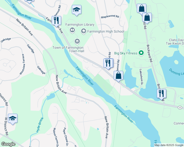 map of restaurants, bars, coffee shops, grocery stores, and more near 10 Sequassen Road in Farmington