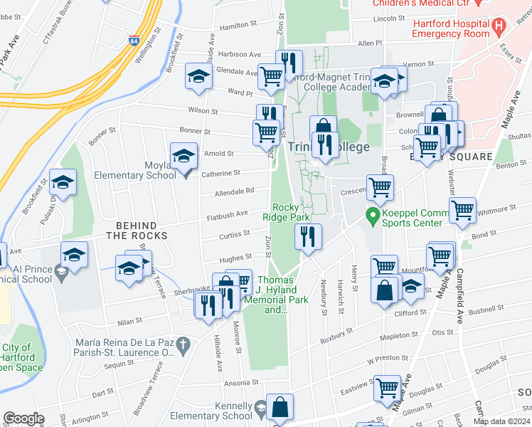 map of restaurants, bars, coffee shops, grocery stores, and more near 125 Zion Street in Hartford