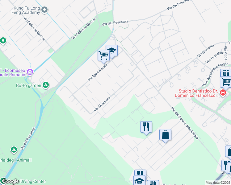 map of restaurants, bars, coffee shops, grocery stores, and more near 108 Via Alcamene in Città metropolitana di Roma Capitale