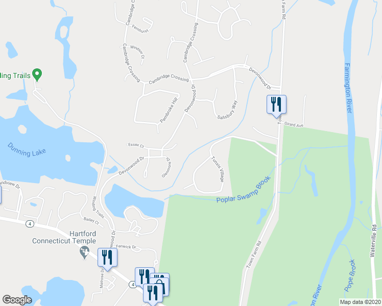 map of restaurants, bars, coffee shops, grocery stores, and more near 73 Tunxis Village in Farmington