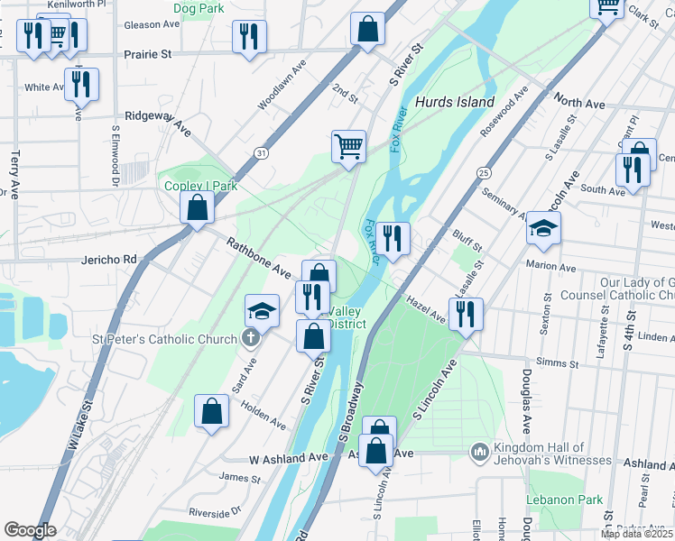 map of restaurants, bars, coffee shops, grocery stores, and more near 712 South River Street in Aurora