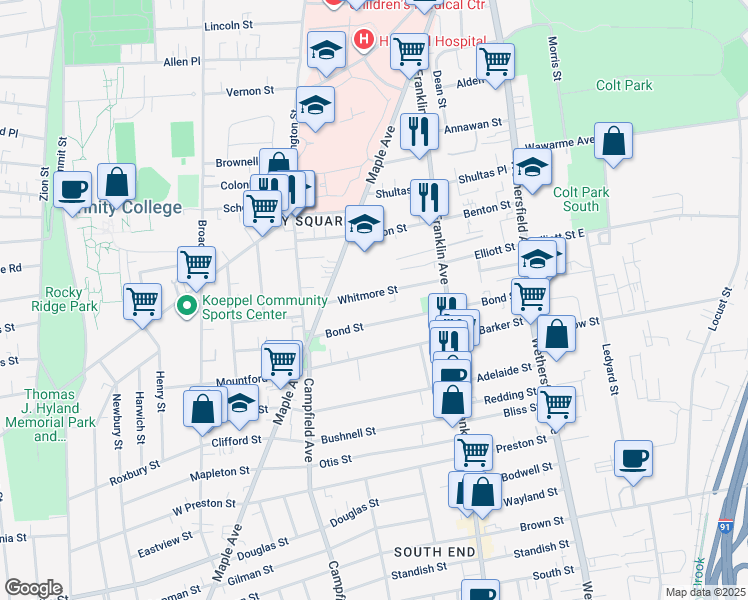 map of restaurants, bars, coffee shops, grocery stores, and more near 56 Whitmore Street in Hartford
